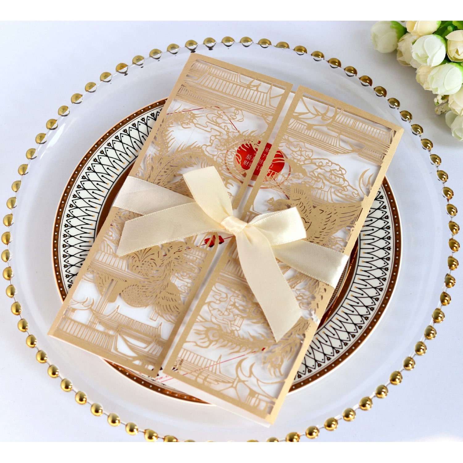 Red Wedding Invitaton with Dragon and Phoenix Wedding Card